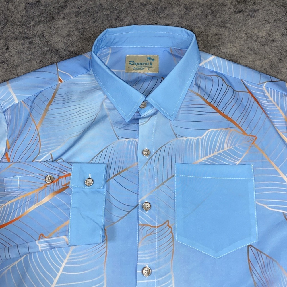 Royaura Hawaiian Shirt Men's Xl Blue Leaf Long Sleeve Floral Caribbean